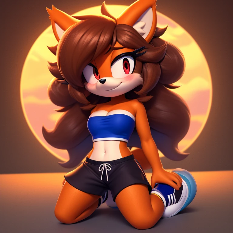 mobian, solo, hedgehog, two-tone fur ((orange fur, brown fur)), strapless bathing suit, cleavage, slim jeans, high-top sneakers, small breasts, two-tone hair (brown hair, black tip)), curly hair, halo, sunglasses, jewelry, red eyes, longeyelashes, red eyes, smile, shy, blush, pose, high detail, masterpiece, UHD, anatomically correct, super detail, highres, 4K