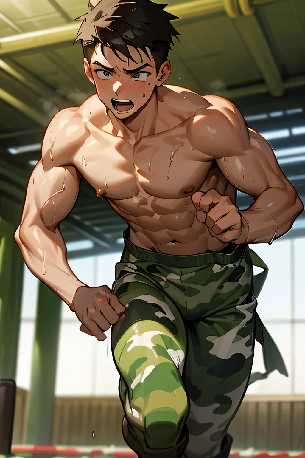 a shirtless 22-year old super muscular sweating male soldier wearing camouflage pants, boots, sweat-drenched, soaking wet, drenched with sweat, sweating profusely, soaking wet with sweat, panting, exhausted, gasping, running in the obstacle course