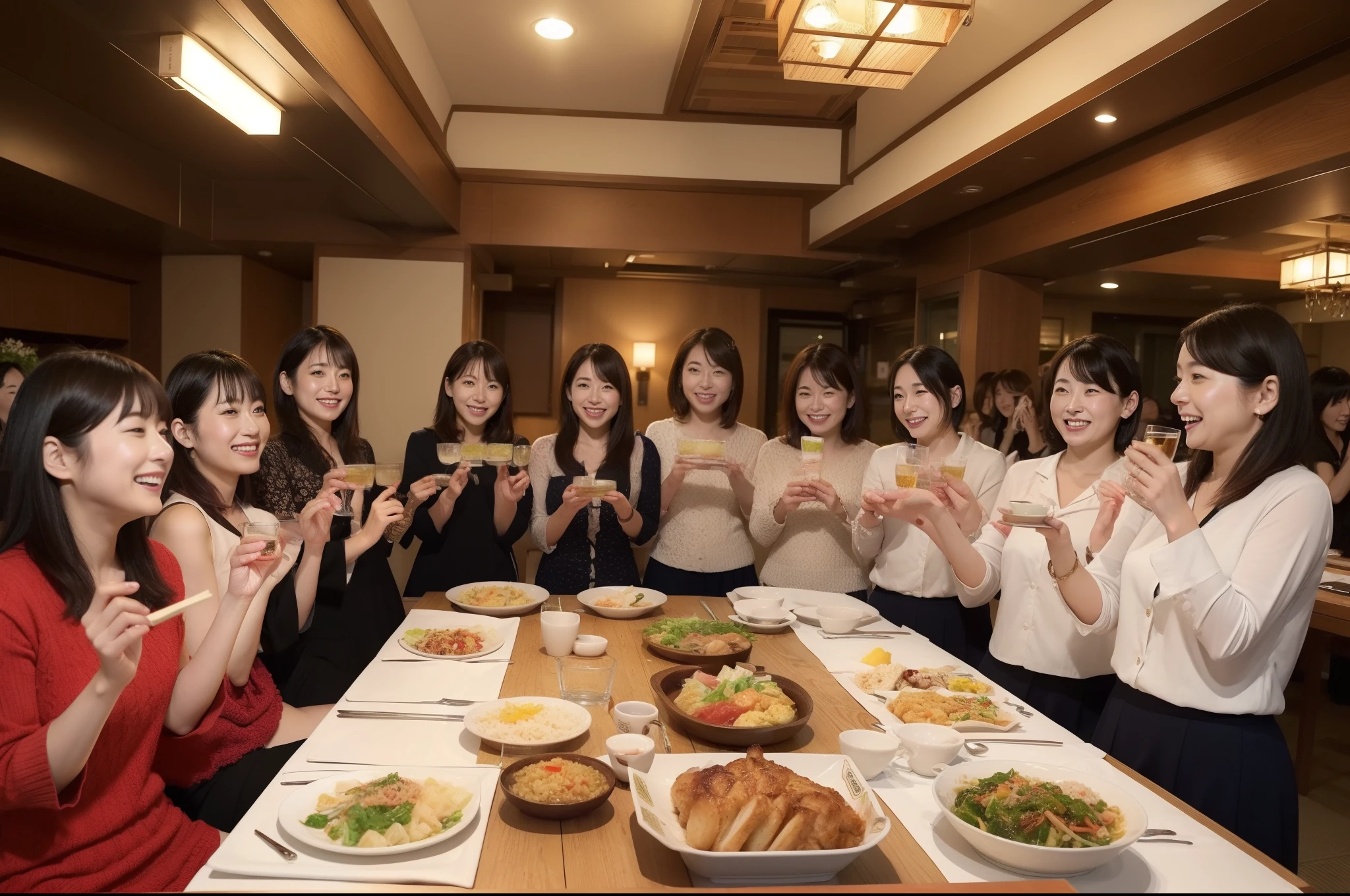 ((highest quality, 8k, Representative works in detail, Ultra-high resolution)), (Group photo of women), (Looking at the audience), (Mid Shot:), 魅力的なビジネスウーマン5-people、women only: 5-people, A little chubby:0.25,Stylish woman、Japanese、Age 25、30 years old、38 years old、Japaneseの女性、A gathering of office ladies celebrating the New Year、Draw a picture of a Japanese private restaurant，A mix of laughter and cheers.，Vibrant。There are various kinds of dishes on the table.々There are a variety of dishes on offer.々There are a variety of delicious dishes，A photo of everyone eating and chatting、Happy expression、mini skirt、