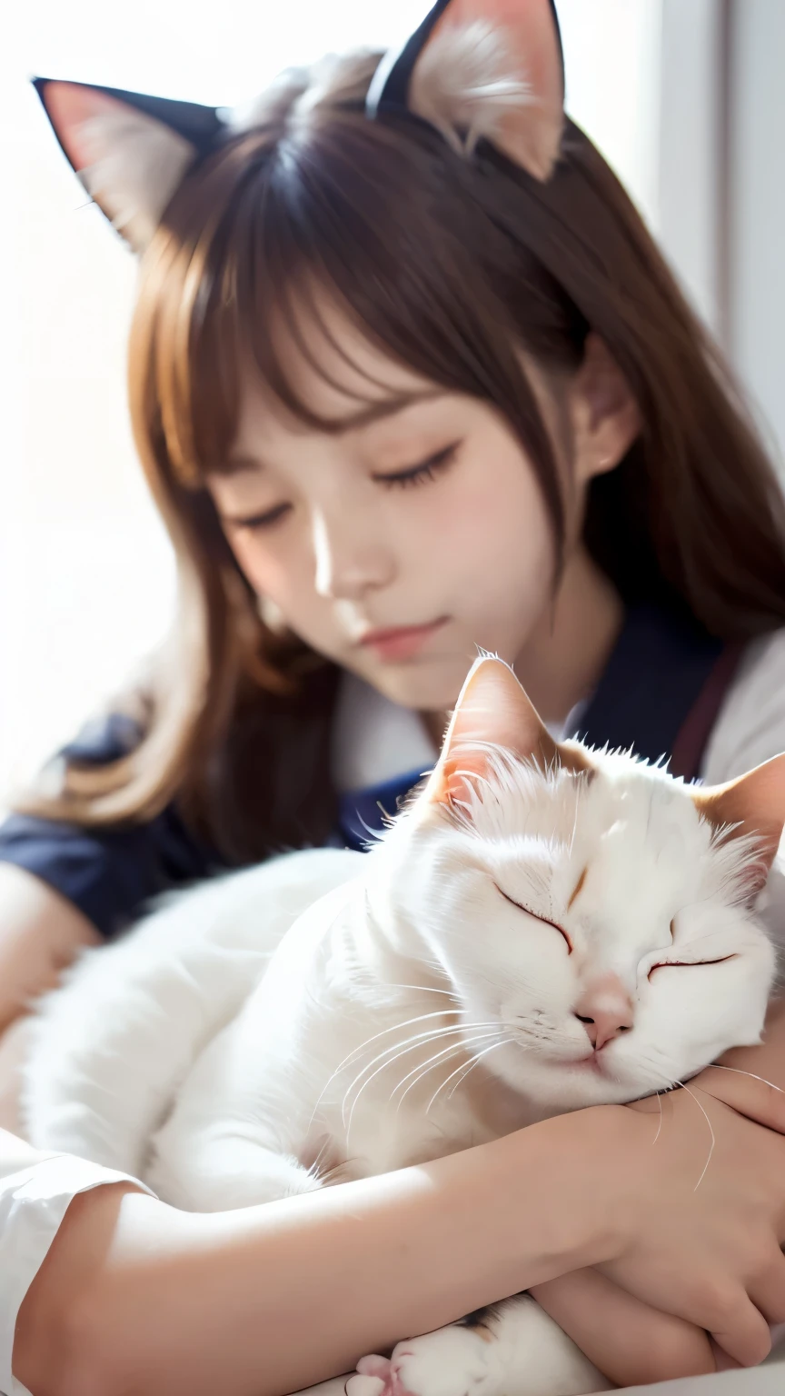 masterpiece, 4k, Bokeh, (Kawaii:1.5), (Beautiful girl:1.3), (Japanese idle:1.6), (Cat ear:1.3) , (school uniform:1.3), (I love cat:1.6), Blushed face, Closeup, (Hold a slleeping pretty white cat :1.5), (Close eyes:1.3), (white background :1.4),