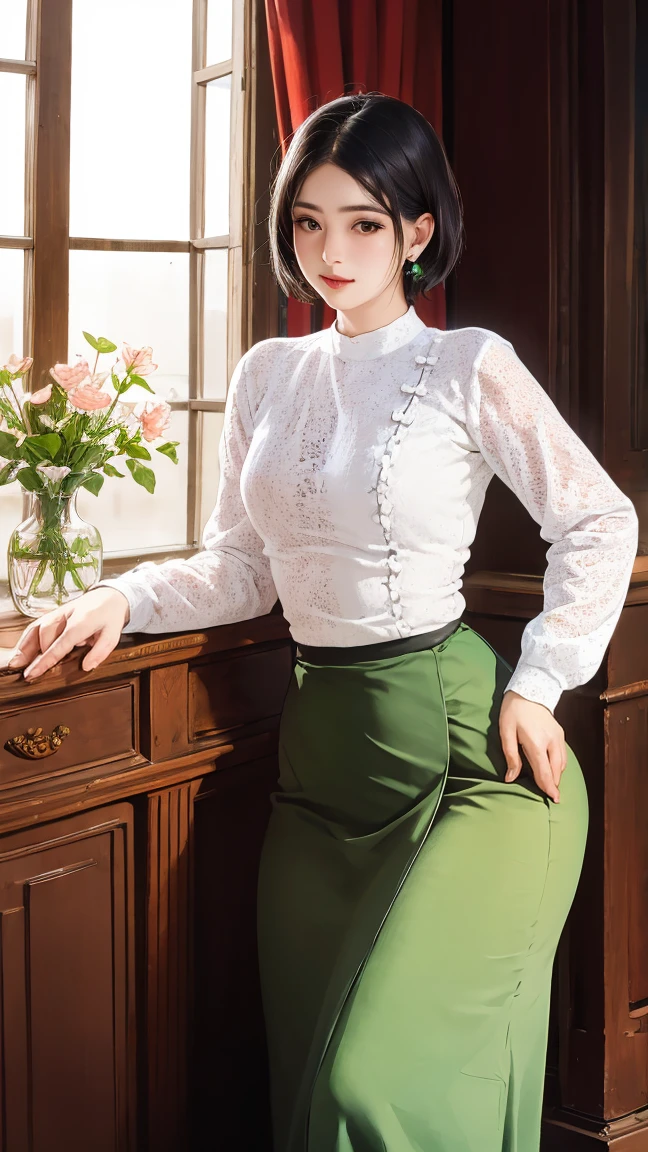 A picture of an elegant woman with a beautiful haircut, decorated with a delicate jasmine vase, standing in a standing position, charming body, high hips,  The image draws the viewer in with the beautiful gazette of the grand library.  expertly crafted;  High-resolution digital painting reveals intricate details and evokes the beauty of emptiness and ingenuity.  The warm lighting highlights her features and the soft c's on her face, while the soft background adds depth to the composition.  Admirable craftsmanship (acmmsayarma outfi t, acmmsayarma white top with buttons, long sleeve es);  (acmmsayarma green long skirt))