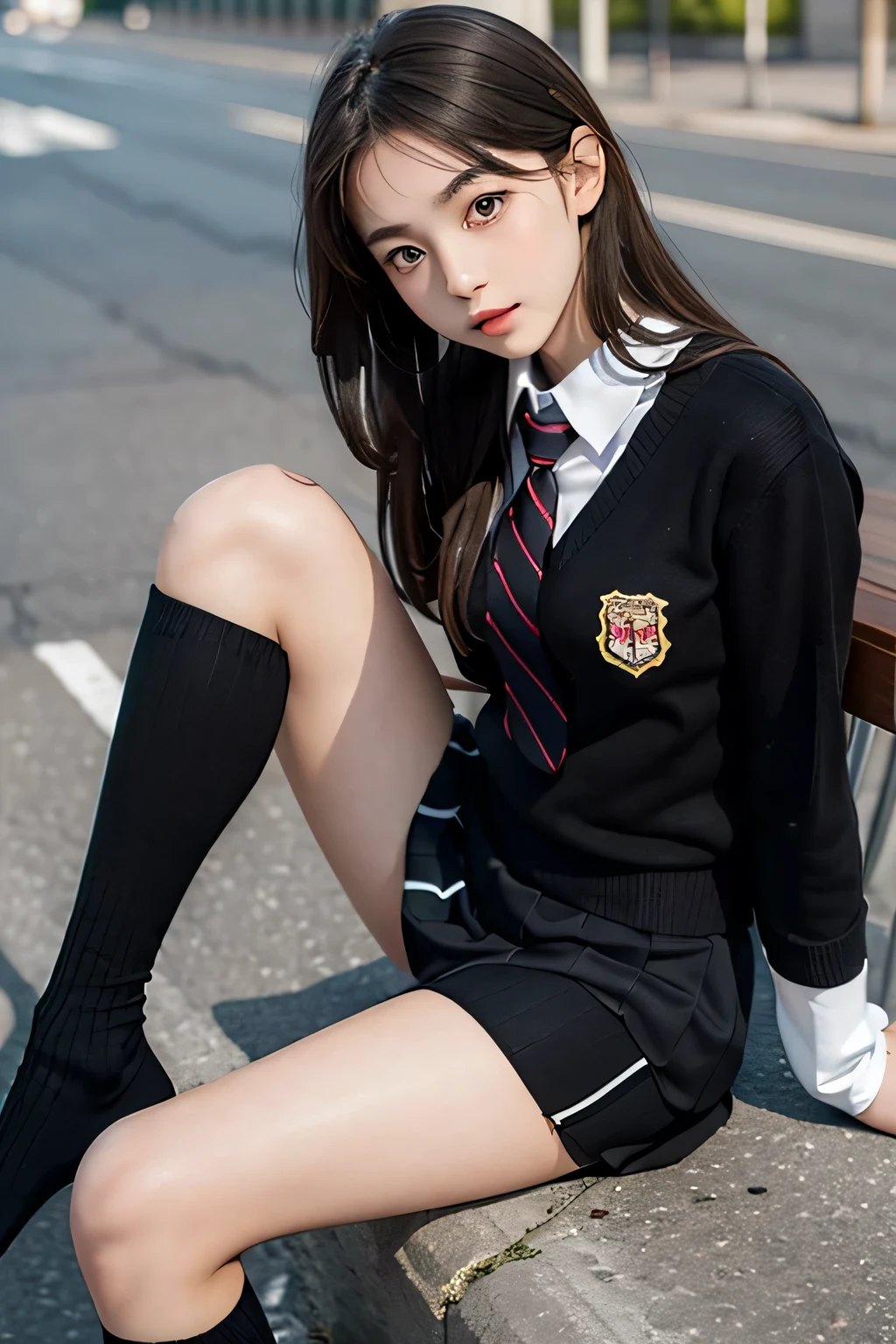 slender young girl with white skin,(black over knee high socks:1.2), school-uniform, girl showing off very thin legs, sitting in public, ((Angle from below))((Elaborate expression:1.1))