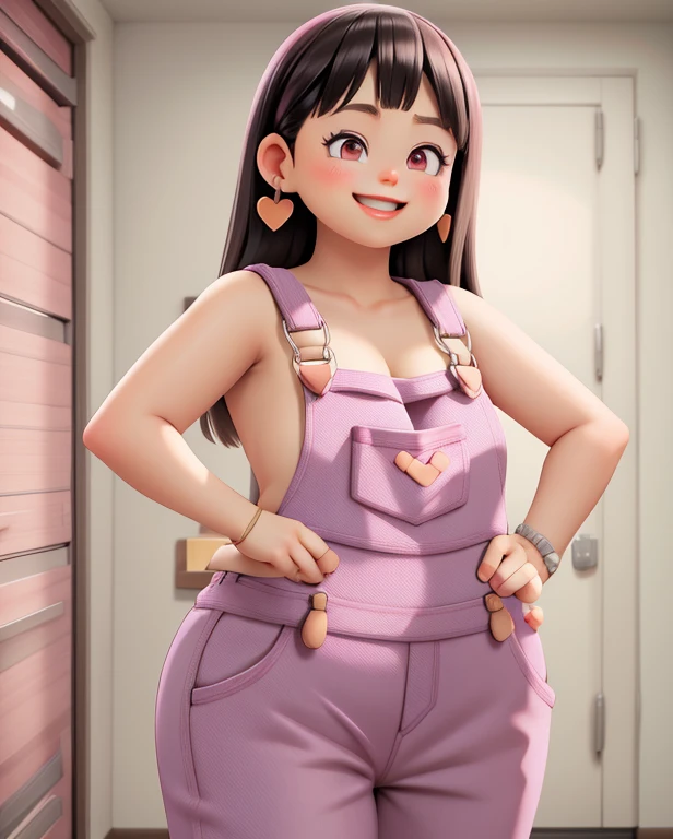 sexy, chubby, pink overalls, nude top, small breasts, black hair, full length, smiling, shy 