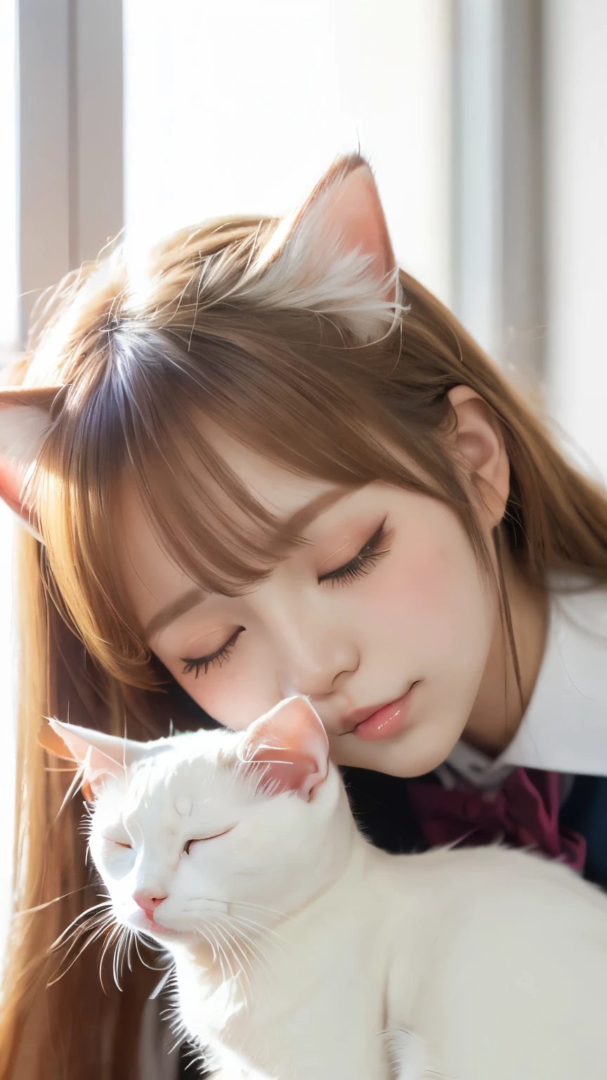 masterpiece, 4k, Bokeh, (Kawaii:1.5), (Beautiful girl:1.3), (Japanese idle:1.6), (Cat ear:1.3) , (school uniform:1.3), (I love cat:1.6), Blushed face, Closeup, (Hold a slleeping pretty white cat :1.5), (Close eyes:1.3), (white background :1.4),