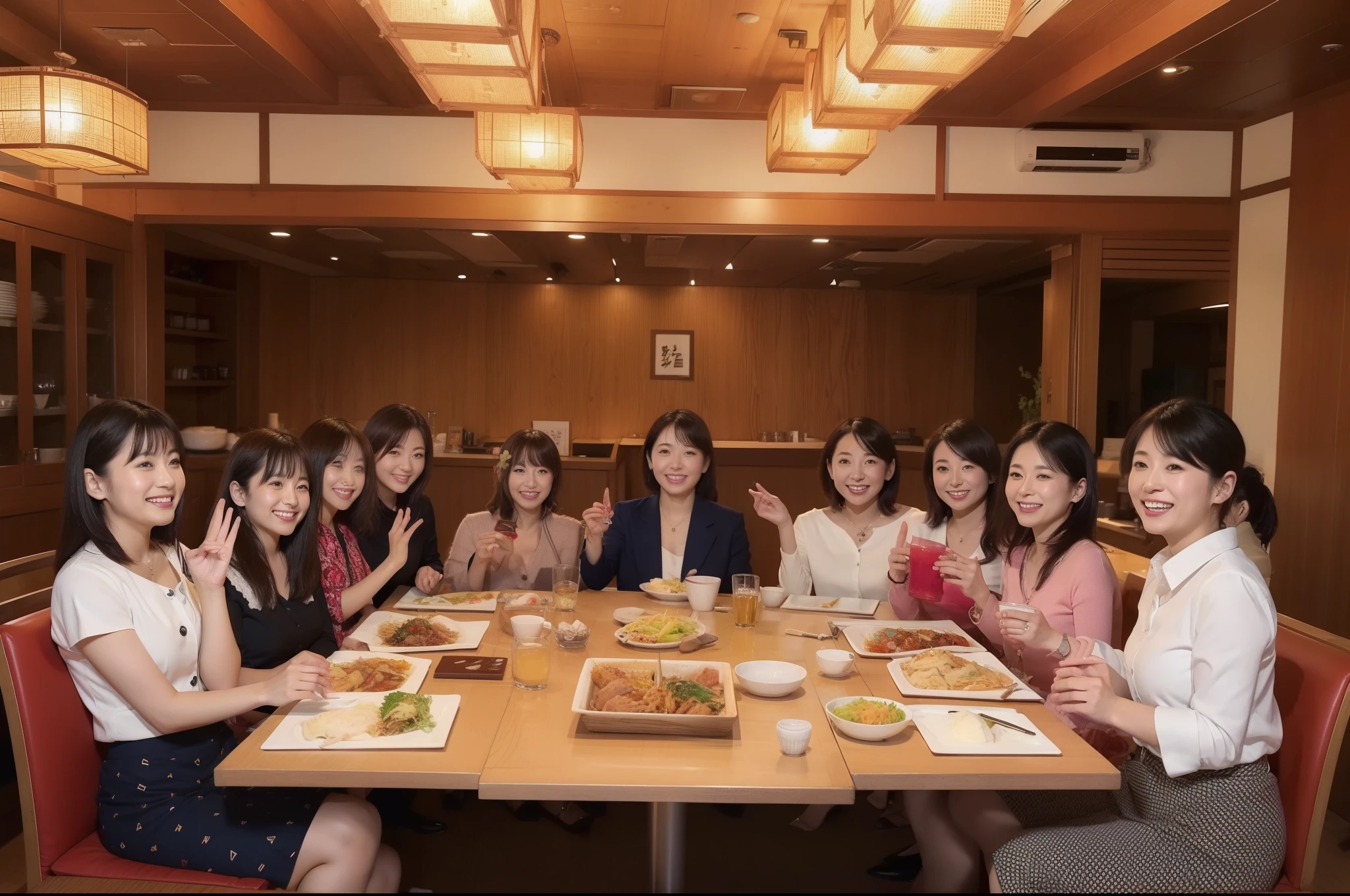 ((highest quality, 8k, Representative works in detail, Ultra-high resolution)), (Group photo of women), (Looking at the audience), (Mid Shot:), 魅力的なビジネスウーマン5-people、women only: 5-people, A little chubby:0.25,Stylish woman、Japanese、Age 25、30 years old、38 years old、Japaneseの女性、A gathering of office ladies celebrating the New Year、Draw a picture of a Japanese private restaurant,A mix of laughter and cheers.,Vibrant。There are various kinds of dishes on the table.々There are a variety of dishes on offer.々There are a variety of delicious dishes,A photo of everyone eating and chatting、Happy expression、mini skirt、