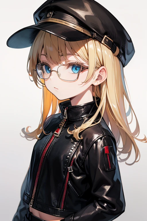 masterpiece, concept art, centered, close up shot, portrait, standing, 1girl, Melania, reverse 1999, glasses, long blonde hair, leather jacket, white sweater with zipper, black skirt, red legging, flat cap, museum background