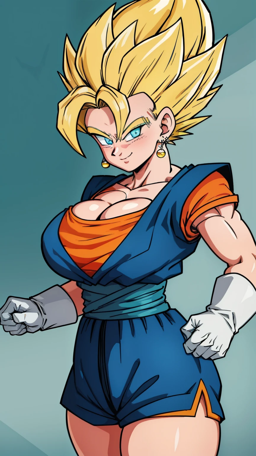 RAW photo, (high detailed skin, detailed eyes:1.1), intricate details, best quality, 8k uhd, soft lighting, Vegetto, breasts, (female:1.2), 1girl, earrings, jewelry, white gloves, shorts, spiked hair, dougi, smile, yellow hair, two bangs, greenish blue eyes, super saiyan, godly yellow aura, sexy