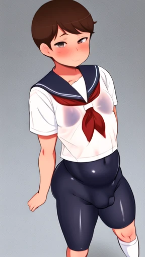Solo, school sailor summer uniform, bike shorts, big butt, wide hips, short hair, brown hair, femboy, male boy, smug face, bratty boy, sideway, sideway perspective, masterpiece, blushing, see-through pants, visible crotch bulge, visible nipples, manga panels, no underwear, small breasts