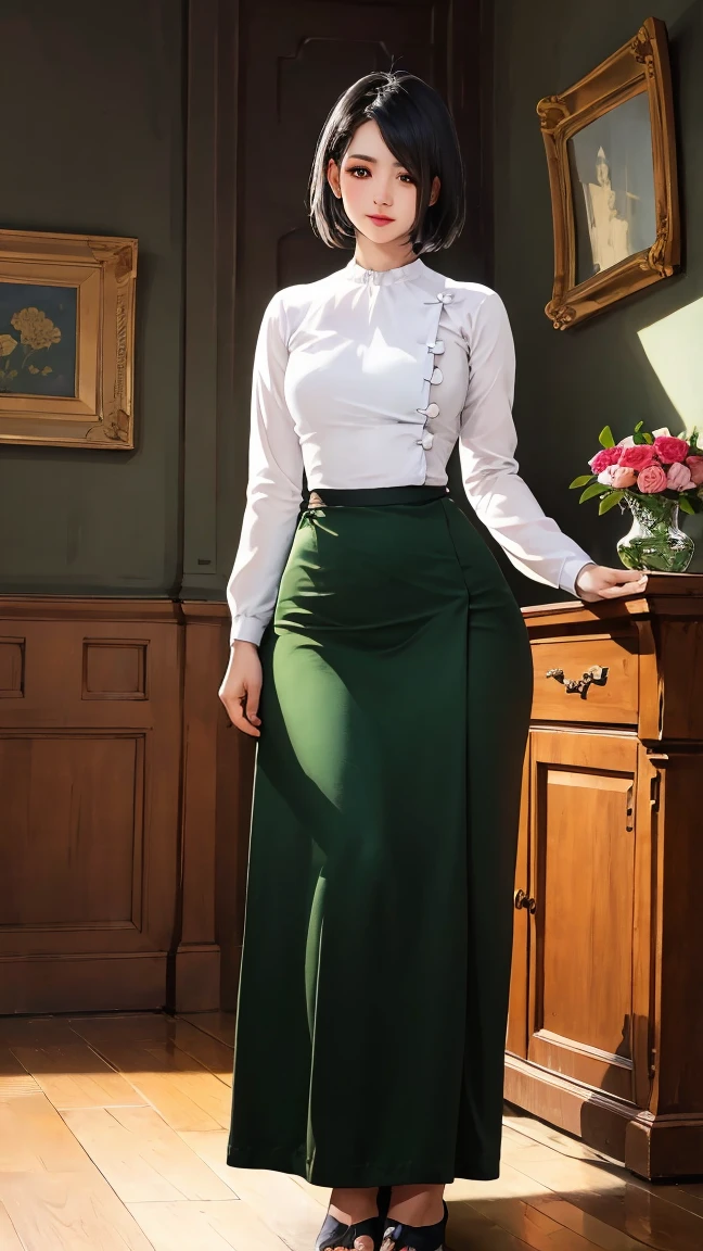 A picture of an elegant woman with a beautiful haircut, decorated with a delicate jasmine vase, standing in a standing position, charming body, high hips, The image draws the viewer in with the beautiful gazette of the grand library. expertly crafted; High-resolution digital painting reveals intricate details and evokes the beauty of emptiness and ingenuity. The warm lighting highlights her features and the soft c's on her face, while the soft background adds depth to the composition. Admirable craftsmanship (acmmsayarma outfi t, acmmsayarma white top with buttons, long sleeve es); (acmmsayarma green long skirt))