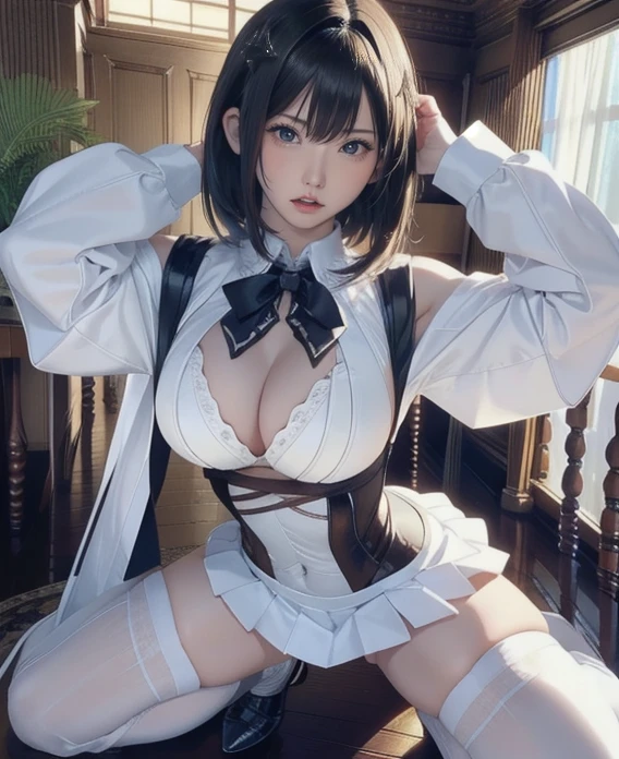 (From below),Squat,Spread your legs,(Breast compression),Full body detailing、Detailed scene of Linbovy,One Girl,Highly detailed skin,curve,,Beautiful breasts,Large Breasts,Pale skin,Pointed Chest,Erect nipples,(Fantasy art,Best image quality,Hyperrealist portrait,(8k),Ultra-realistic,最high quality, high quality, High resolution, high qualityの質感,Attention to detail,Beautiful details,Fine details,Highly detailed CG,Detailed Texture,Realistic facial expressions,Tabletop,in front,dynamic,bold),black hair very short bob、(Thinning hair),(Soft Hair),(Straight hair:1.5),length, sleek bangs,Hair on one eye,Wearing a tight fitting white shirt、The lines of the body are clearly visible、Wearing a pleated skirt、The skirt is short