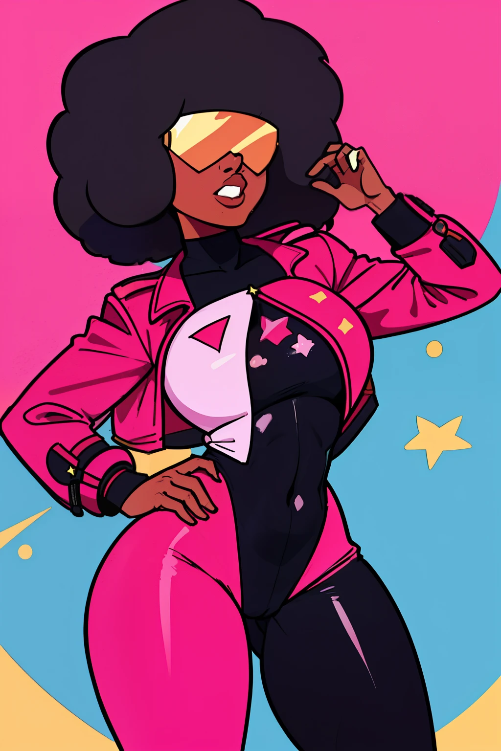 Garnet, blocky hair, retro shades, navel , standing, full body,  hips,  cowboy shot,  ass, cameltoe, GaSuit, cropped chest plate with star, black and pink  bodysuit, long trench coat, stylish, outer space, stars, (insanely detailed, beautiful detailed face, masterpiece, best quality)