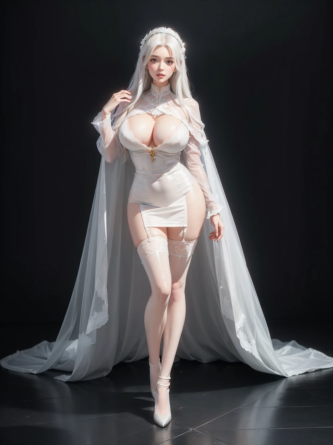 ((Full image:1.5, Show full body from head to toe, Standing perfectly, standing, Body facing to the viewer (Show front body, show center body)). Balance focused camera view, Centered camera view, middle camera view, vertical scape camera. Masterpiece, realistic:1.2, illustration:1.1, best quality, high quality, fine details, perfect details, smooth detail, sharp color, 8K, Ultra HD, Ultra-clear portrait, big resolution, high resolution, detailed skin, perfect lighting, bright lighting, top quality, sharp focus. Luxurious, lady, noble, Gorgeous body. A Gorgeous woman wearing transparent clothes, translucent lace, long sleeves(lace sleeves), robes, cloak, cape, skirts, stockings, lace stockings, pantyhose, show heels. Full Huge breast:1.9, Huge round breast, alluring body, seductive body, tall body, fit body, slim body, Leg length, pale toned skin, very bright skin, glossy skin, glowing skin, pretty face, glossy face, glowing face, bright face, wearing makeup, eyeshadow, eyelashes, lipstick, glossy lips, blush. Smirking, haughty face. Long white hair. The background is inside a castle, bright lighting. (((Standing pose (Show Full Body) (Full Body View))).