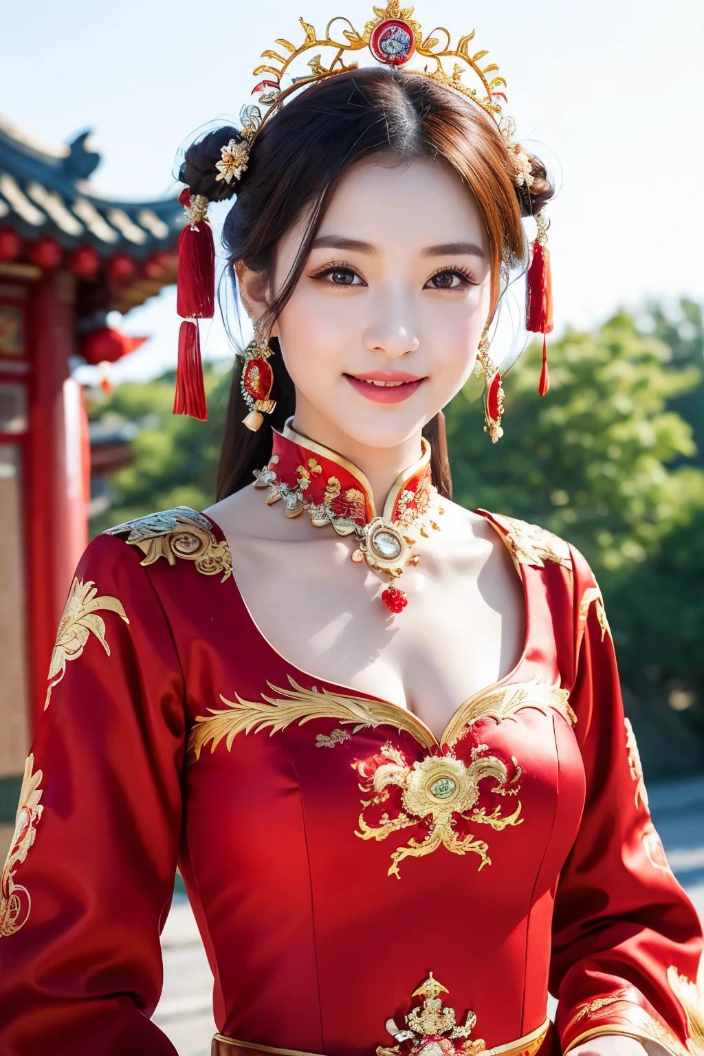 (8k, RAW Photo, Best Quality, Masterpiece: 1.2), (Realistic, Realistic: 1.37), 1 Girl, Woman in Red Dress and Headdress Posing for Photo, Gorgeous Role Play, Beautiful Costume, Chinese Dress, Complex Dress, Complex Costume, Traditional Beauty, Gorgeous Chinese Model, Chinese Costume, Wearing Gorgeous Costume, Wearing Elegant Chinese Xiuhe Dress, Chinese Wedding Dress, Phoenix Crown Xia Hanging, Antique Bride, Xiuhe Costume, Close Up, Wearing Phoenix Crown, Smile, No Watermark, Dragon and phoenix embroidered dress