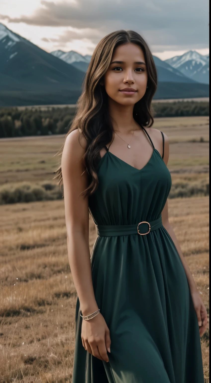 Foto hiperrealista en primer plano de Kelsey Asbille (native American ((light dark skin))), masterpiece, best quality, (photorealistic:1.4), full body,  (dark green on straps church dress:1.2)), on the ranch, grey day, Montana mountains in the background, cinematic light, beautiful woman, skinny, large big breasts, black long hair, detailed face, smile, facing the camera, photo taken from a distance, age of 25 years old, camera filter on pastel gray colors,, grey filter on camera