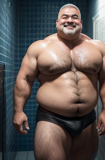 A full length shirtless Korean construction worker obese bodybuilder with a very oiled body a sweaty smiling old man with a shaved head with big gray mustaches extremely muscular and extremely fat over 70 years old weighing over 600 pounds very muscular. Very hairy big pecs with dark nipples gynecomastia in a bathroom in front of a white tiled wall under the shower wearing black leather panties