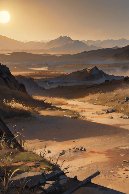 desolate wasteland, barren plain, dry cracked earth, sparse grass, abandoned ruins, sun-bleached bones, distant mountains, vast open sky, dust storm, eerie silence, harsh sunlight, faded memories, hidden treasures, forgotten civilization, post-apocalyptic, desolation, solitude, melancholy, muted colors, soft golden light