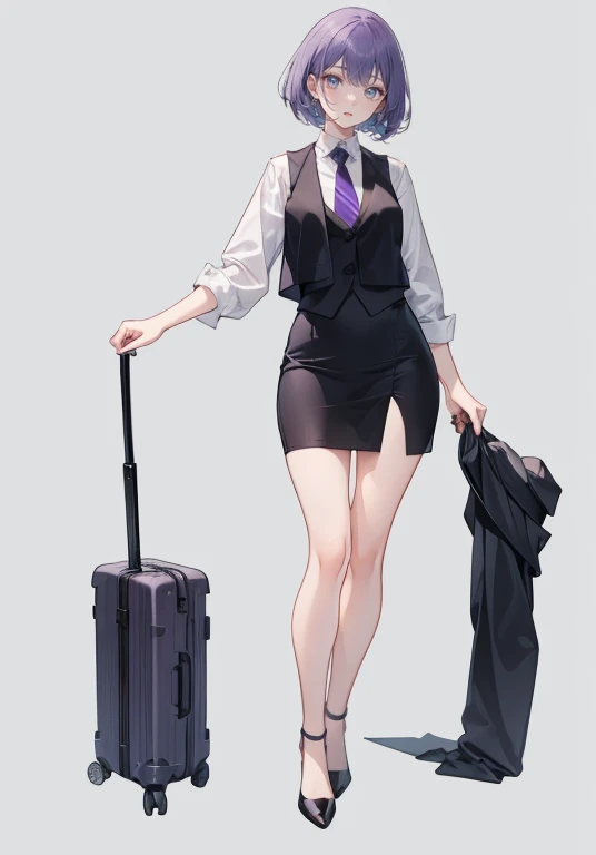 ((Perfect Face)),Purple Hair,Very Short Hair,1 female,,Black vest,Rolled up my sleevesＹshirt,tie,slit,High heels,,((Simple Background)),smile,((Full Body)),((full body)),