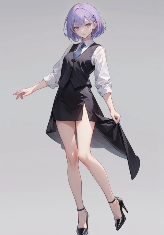 ((Perfect Face)),Purple Hair,Very Short Hair,1 female,,Black vest,Rolled up my sleevesYshirt,tie,slit,High heels,,((Simple Background)),smile,((Full Body)),((full body)),