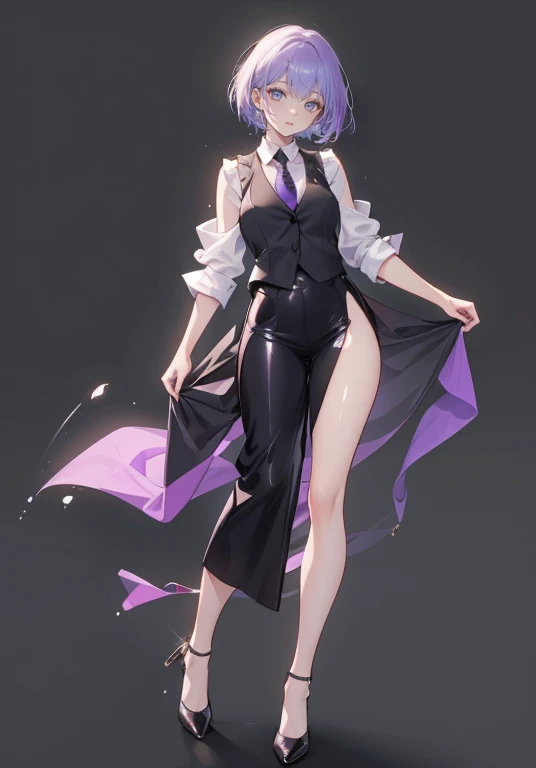 ((Perfect Face)),Purple Hair,Very Short Hair,1 female,,Black vest,Rolled up my sleevesＹshirt,tie,slit,High heels,,((Simple Background)),smile,((Full Body)),((full body)),