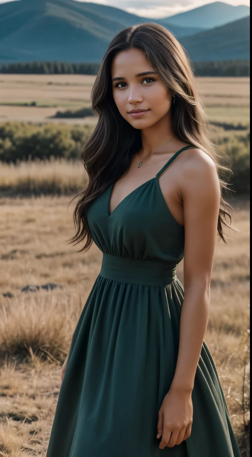 Foto hiperrealista en primer plano de Kelsey Asbille (native American ((light dark skin))), masterpiece, best quality, (photorealistic:1.4), full body, (dark green on straps church dress:1.2)), on the ranch, grey day, Montana mountains in the background, cinematic light, beautiful woman, skinny, large big breasts, black long hair, detailed face, smile, facing the camera, photo taken from a distance, age of 25 years old, camera filter on pastel gray colors,, grey filter on camera