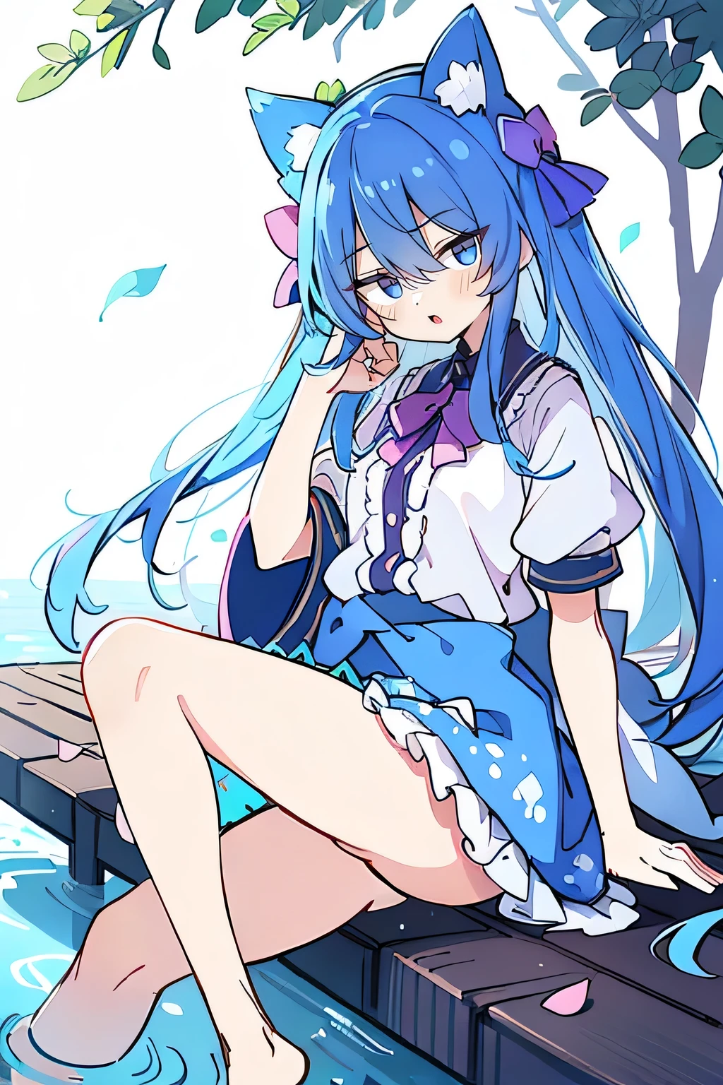 (masterpiece:1.2),ultra-detailed,realistic,expressive eyes,fair-skinned,perfectly shaped face,1girl,
Japanese cartoons,Gorgeous blue hair, flowing blue hair,floating clothes,cat ears,petals falling,beautiful Lola,Hina Angel,
hands on waist,gracefully sitting on the ground,legs crossed,gentle and serene background,cool and comfortable pavilion.