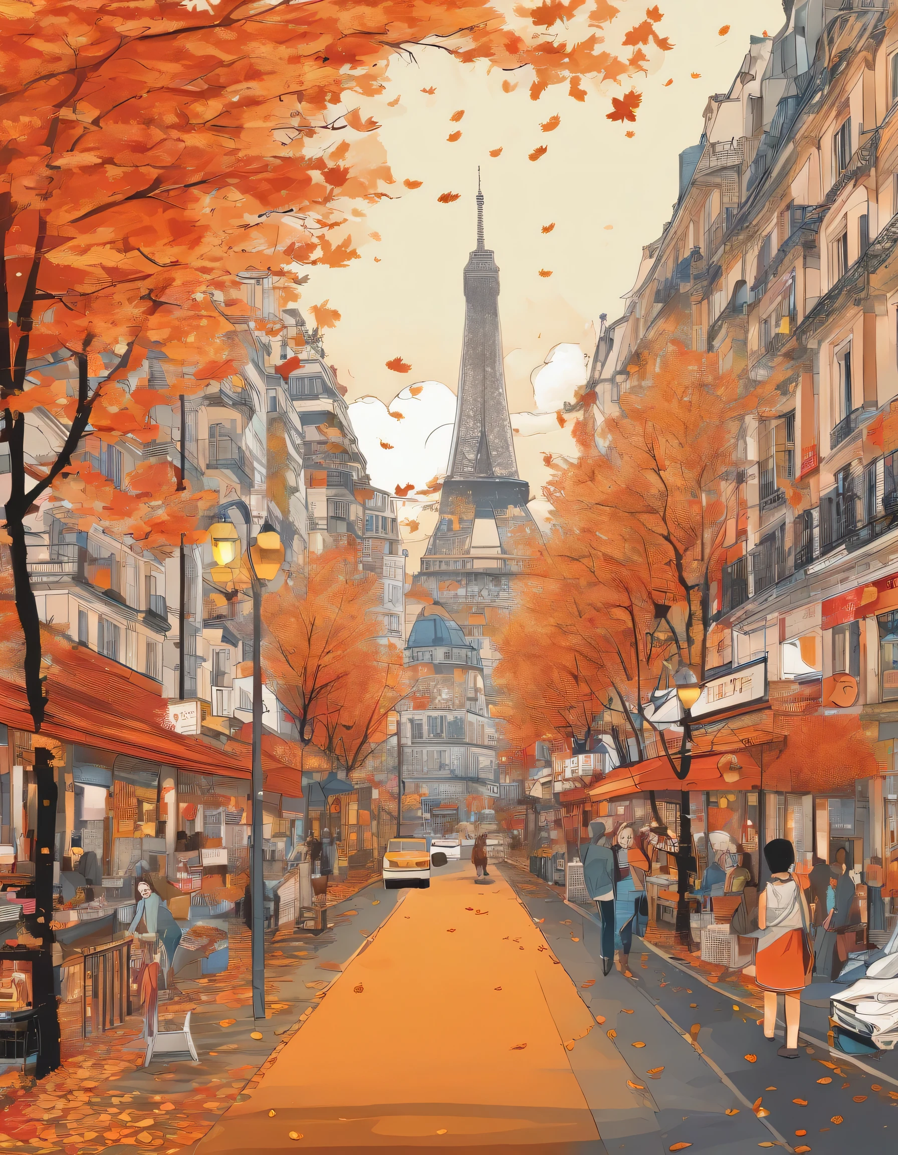 Illustration d'une ville avec beaucoup de feuilles colorées, France, Paris, Dans le style d'un dessinateur vivant, automne, Citrouilles, citrouilles-lanternes, pumpkin spice, École de New York, Robert Munch, art de rue conceptuel, Synestil 50D, naturalistic representations of flora and fauna, dessins animés ludiques