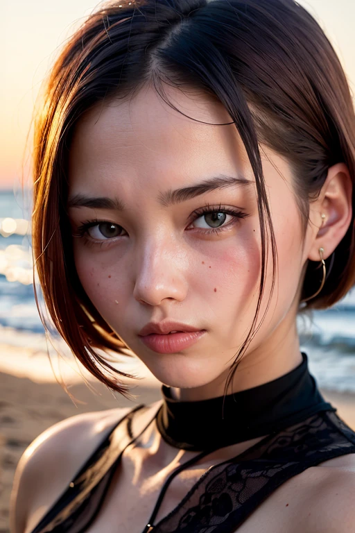 masterpiece、Ultra HD、distinct、RAW UHD format、 One girl, highest quality, Realistic, alone, Depth of written boundary, Natural light, attractive, Beautiful Face, A melancholic look、Crystal Clear、clean, Pure Face, Detailed skin texture, cute, short hair, Beach, sunset、Sunset、Sunset coast, Small breasts, whole body, Sweaty skin、((Beautiful Face、Detailed eyeoist eyes)), Micro Bikini、choker