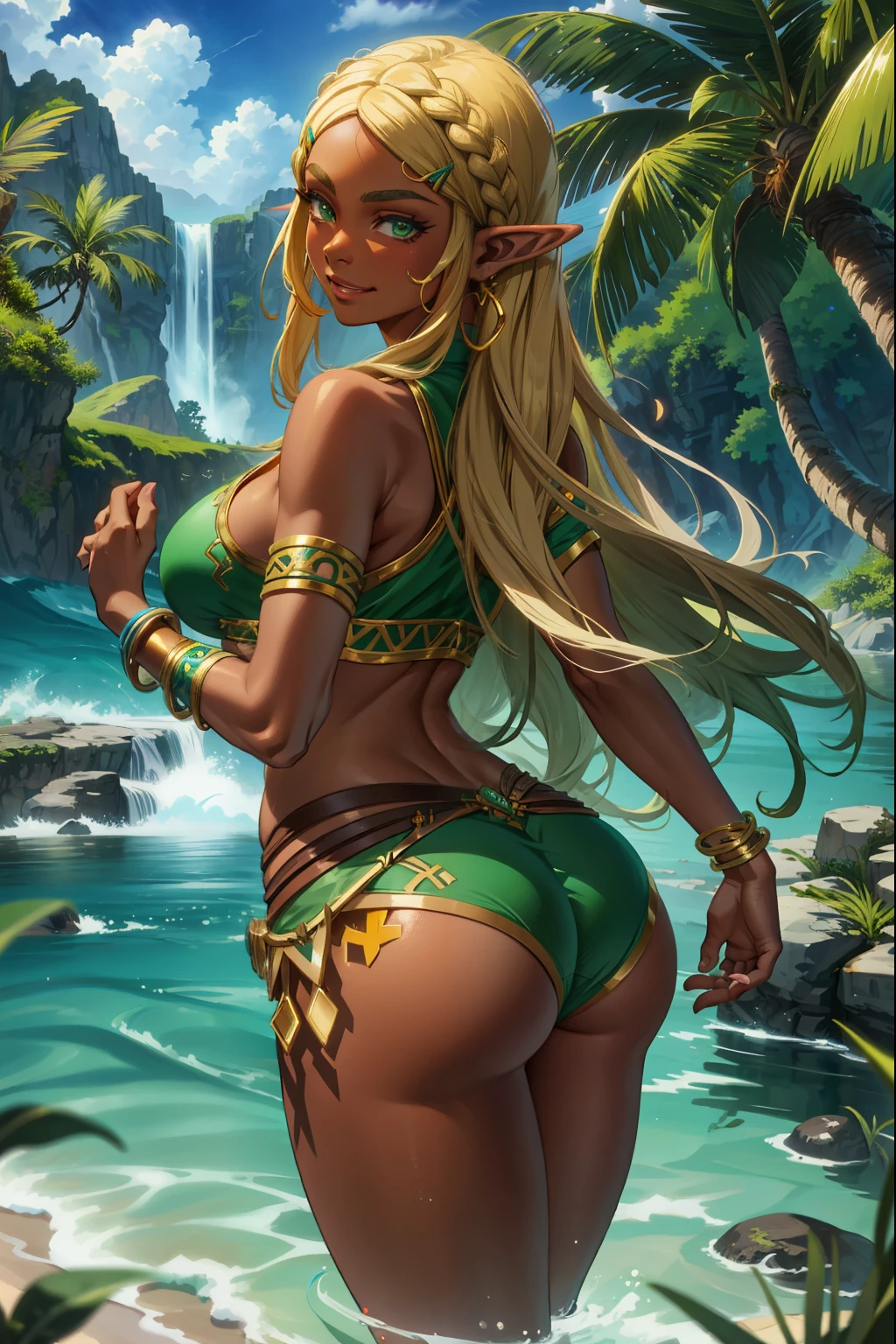 aazelda, long hair, pointy ears, dark skin, Green eyes, Long Black hair (braids), barefoot, (extremely detailed CG unity 4k wallpaper),(masterpiece),(best quality),(ultra-detailed),(best illustration),(best shadow),(absurdres),(detailed background), Tropical island, tribal girl, smirk, Wide , Thick thighs, big , , Gold bangles,