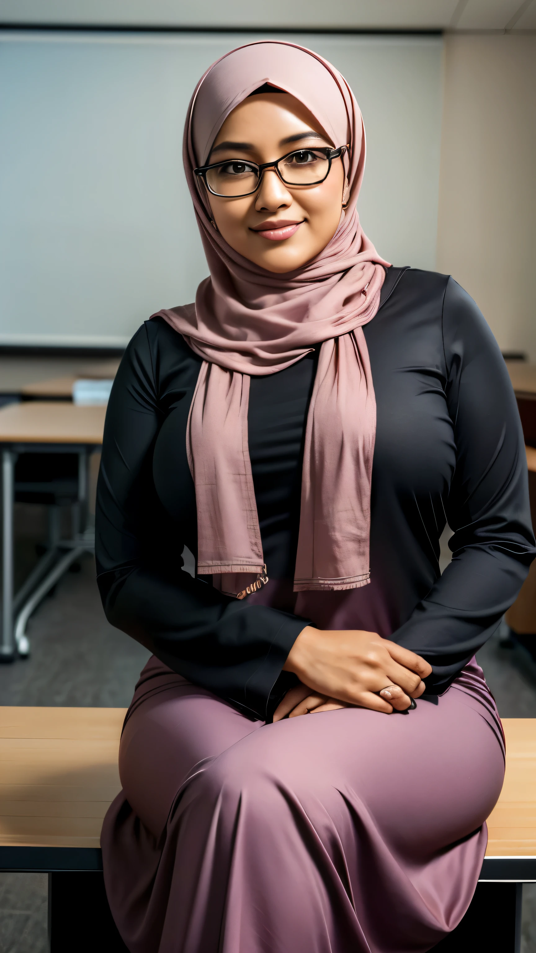 ((beautiful Nerd malaysia college Lecturer woman)), 45 Years old, Middle age woman, name mira filzah brown eye, wearing nerd eyewear,tudung muslim,modernbaju kurung look rich,, unbuttoned baju Kurung, calm,confident,happy, realistic beautiful Curvy body, White Skin Body,looking at viewer, sitting on desk in classroom, (photo, photorealistic:1.37), (ultrahigh-res), half body, walking pose, hyper detailed POV, by lee jeffries, nikon d850, film stock photograph ,4 kodak portra 400 ,camera f1.6 lens ,rich colors ,hyper realistic ,lifelike texture, dramatic lighting , cinestill 800, (huge breasts 1.3)