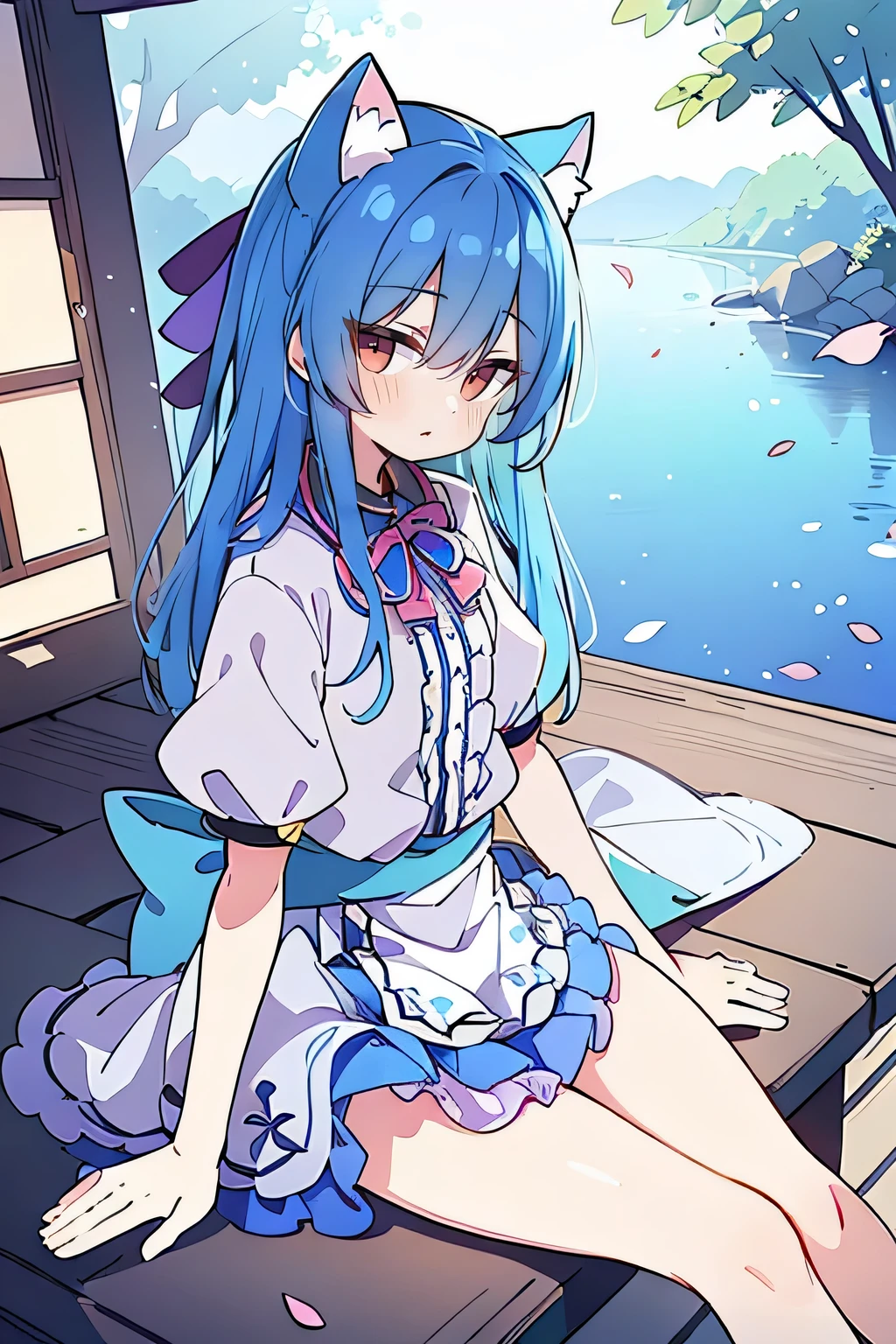 (masterpiece:1.2),ultra-detailed,realistic,expressive eyes,fair-skinned,perfectly shaped face,1girl,
Japanese cartoons,Gorgeous blue hair, flowing blue hair,floating clothes,cat ears,petals falling,beautiful Lola,Hina Angel,
hands on waist,gracefully sitting on the ground,legs crossed,gentle and serene background,cool and comfortable pavilion.