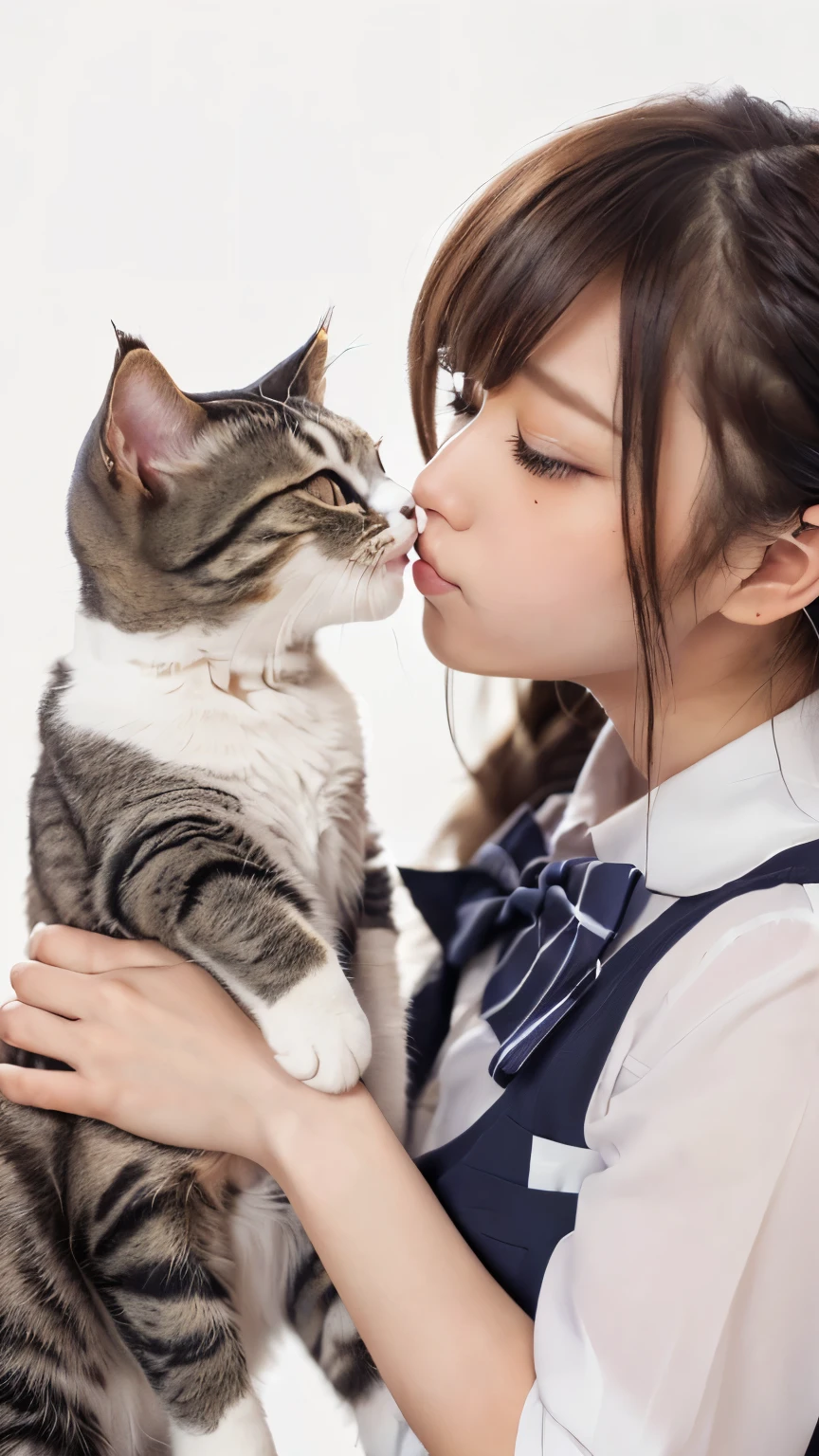 masterpiece, 4K, Bokeh, (cute:1.5), (beautiful girl:1.3), (Japanese Idols:1.6), (Cat ear:1.3) , (school uniform:1.3), (I like cats:1.6), blushed, close, (眠っているcute白猫を抱っこする :1.5), (kiss to cat:1.3), (White Background :1.4),