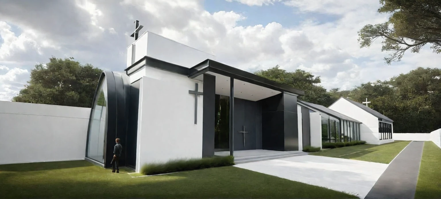((( exterior church :1.3 ))), contemporary style, white wall, GREY STEEL GLASS door window, (realistic:1.2), Masterpiece, high quality, best quality, authentic, super detail, outdoors,road,pavement, grass, trees, sky, cloud, (daylight:1.3)