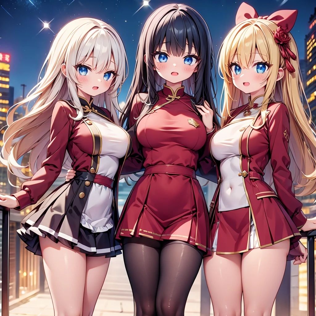 (cute eyes:1.2), (sparkling eyes:1.2), highest quality,wonderful,finely,extremely detailed CG Unity 8K wallpaper, (Stand in line:1.2), (3 girls, clothed), (red china dress:1.2), (midriff peek:1.2), (open mouth:1.1), (long tongue:1.1), (mouth drool:1.1), (black stockings:1.1),(Thighs:1.2),(Waistline:1.2)