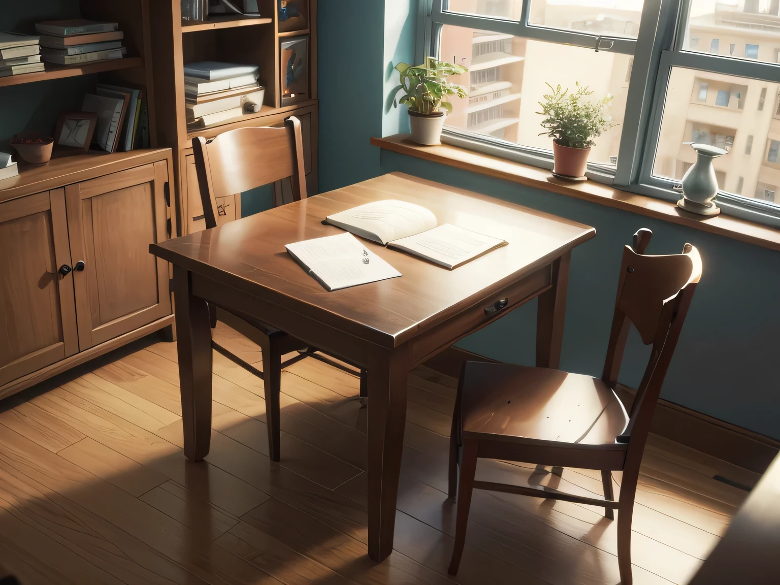 Table by the window,notebook,red words