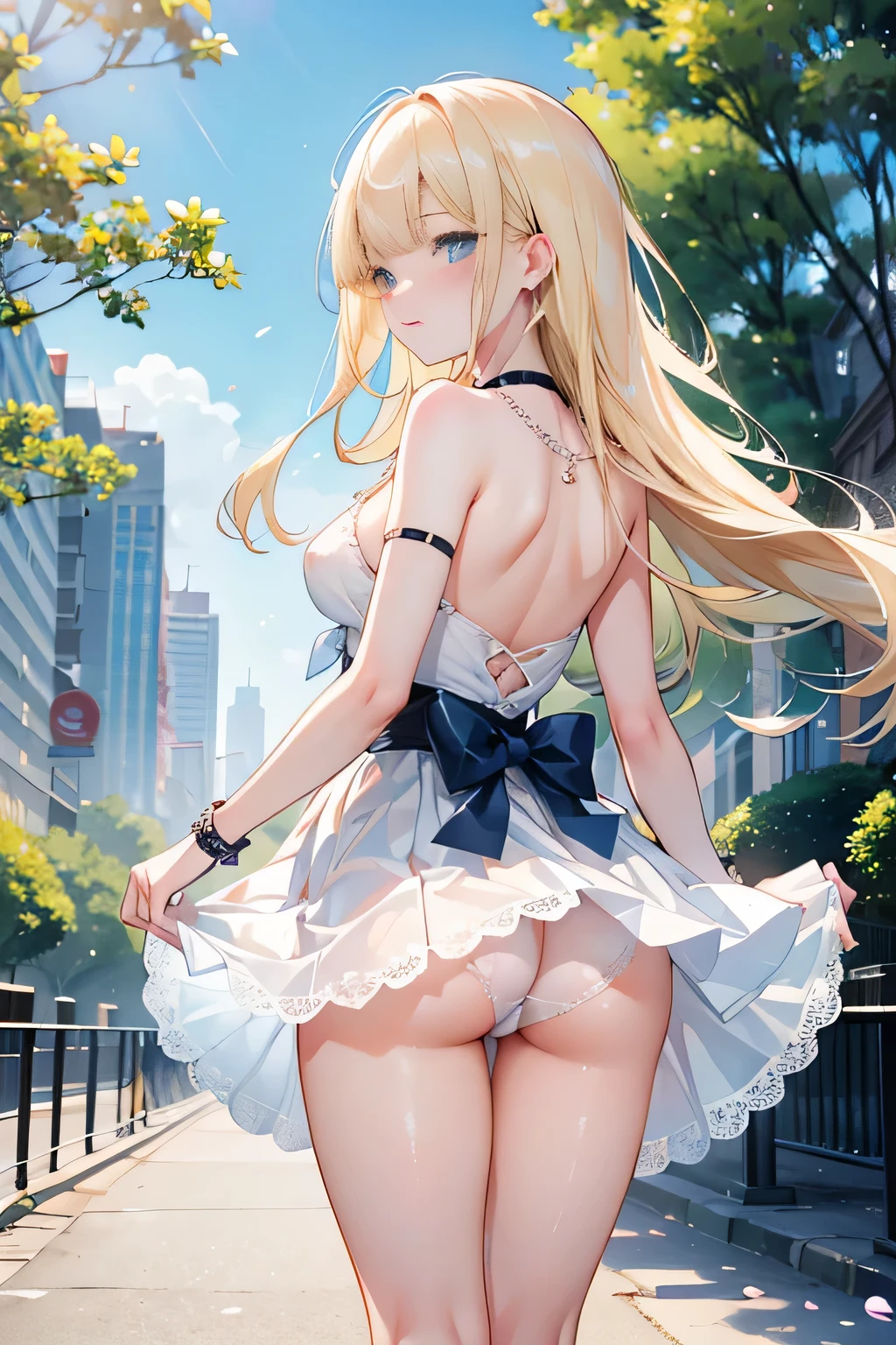 low angle,from below, ((panty shot)),(nsfw:1.5), ((lifting skirt)),((white panties focus)), ((1girl, skirt lifted by the wind,showing white panties masterpiece:1.4, best quality)),(skirt lift,very windy),(beautiful elegant white panties),very low angle,from below),((butts and back focus)),looking back,low angle,from below,((masterpiece, highest resolution,best quality)), (beautiful illustration), ((1girl,cute,young,semi long beautiful blonde hair,blunt bangs,beautiful eyes)),(solo),(beautiful elegant light blue sexy knit one piece skirt),(walking around the flower park),
innocent smile, white over-kneehighs,Lace chalker, wristband, fingerless gloves, over-kneehighs,
Lace chalker, diamond necklace,wristband, fingerless gloves, earrings, cinematic lighting, windy,flower park,big city,busy street,day,blue sky,flowers and trees,crowded,