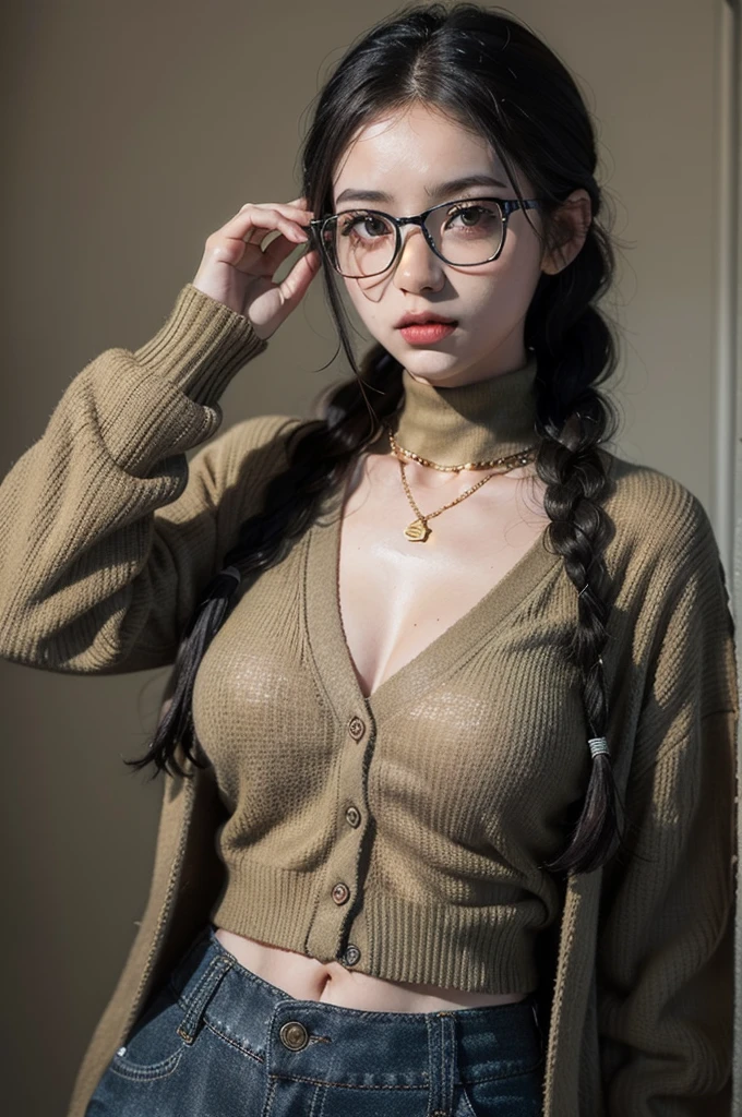 (masterpiece1.5),adult lady,Huge breasts,Solo,(((braid))), Long hair, half-opened mouth,(Red Frame Glasses),(Black hair), (large eyes with double eyelids),(Thick lip),(lofty nose),(High gauge (tight fitted:1.1) (Black:1.3) turtle neck:1.1), (Tuck-in:1.3), (Orange Cardigan:1.2), (checkered (Dark olive green) Tapered pants:1.3), Dark brown belt, Gold necklace, (Dark brown:1.1) lowfers,Nice backgrounds for your subject、beatiful backgrounds、spot light、Vibrant colors、(((Detailed drawing)))、Perfect Beautiful Girl