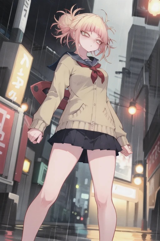 (masterpiece), 4K,woman,Long sleeve sailor suit,Tied up hairstyle,Small breasts,Small Ass,Curly Twin Tails,Bulb Light, Realistic, skinny, Grin,Long nipples,Areola,,good,((,Knee-length bloomers)),Are standing,rain,