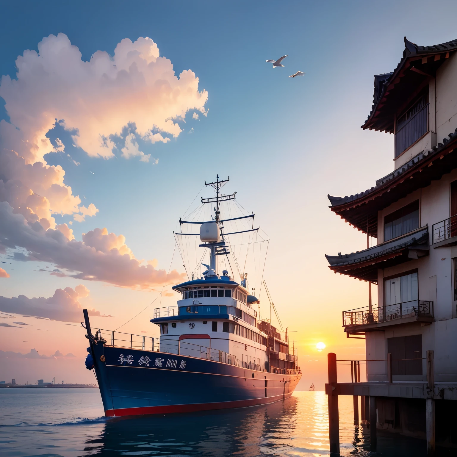 baiyun,blue-sky,seagulls,ports,fishing boat,fisherman,the sunset,the setting sun,evening light,fresh flowers,Rose flower,palmeiras, in style of hayao miyazaki