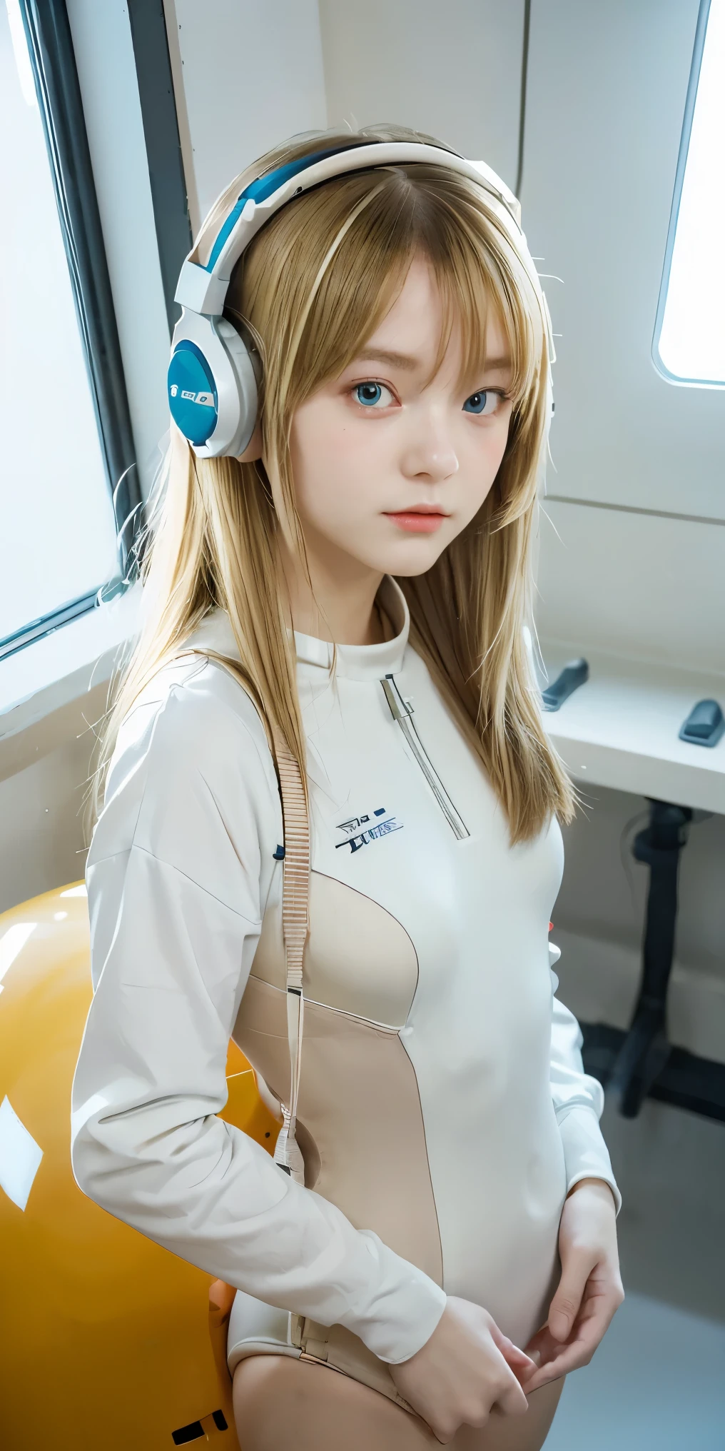 (Overhead view),dynamic angle,ultra-detailed, illustration, close-up, straight on, 1girl, 
 ((souryuu asuka langley, interface headset, red bodysuit:1.4, blonde)),Her eyes shone like dreamy stars,(glowing eyes:1.233),(beautiful and detailed eyes:1.1),(expressionless,closed mouth),(standing), 
(mechanic room with toolsand spaceship windowin a white SPACESHIP),
(night:1.2),dreamy, [[delicate fingers and hands:0.55]::0.85],(detail fingers),