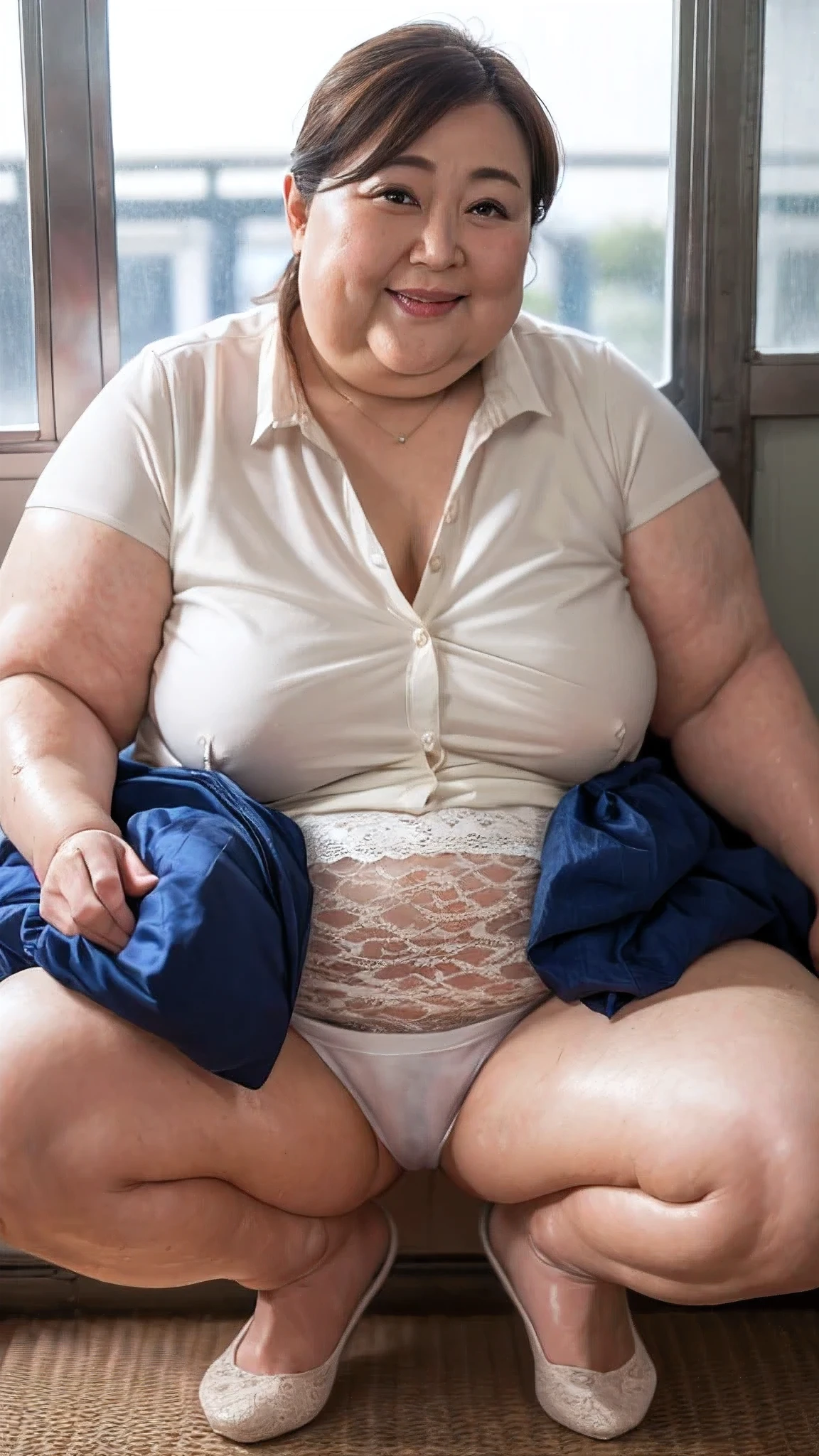 (((Photo Composition))), gravure, highest quality, Very detailed, Realistic, Very detailedskin, Perfect Anatomy, (Japanese MILF),80 years old, big breasts, Mature Woman, Sexy, Chromo White Skin, View your viewers,((((obesity)))),((Double chin)),((Big belly)),Thick arms,thick upper arms,Thick legs,fat girl,(long hair),Facial wrinkles,make up,((brown hair)),(dress shirt),(lace skirt),(wet skin),ferris wheel,squatting,white panties,(open leg),open clothes,(show panties),cameltoe