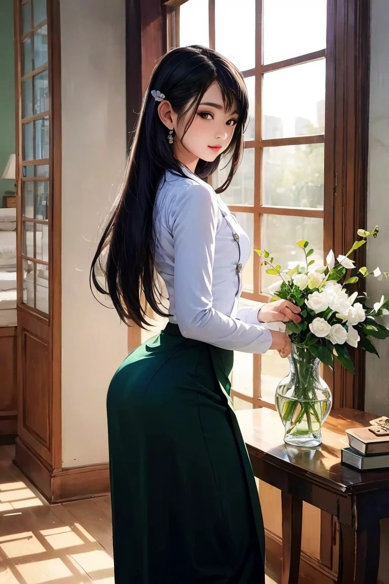 A picture of an elegant woman with beautiful long hair, decorated with a delicate jasmine vase, standing in a standing posture, charming body, high hips, The image draws the viewer in with the beautiful gazette of the grand library. expertly crafted; High-resolution digital painting reveals intricate details and evokes the beauty of emptiness and ingenuity. The warm light highlights her features and the soft c's on her face, while the soft background adds depth to the composition. Admirable craftsmanship (acmmsayarma outfi t, acmmsayarma white top with buttons, long sleeve es); (acmmsayarma green long skirt))