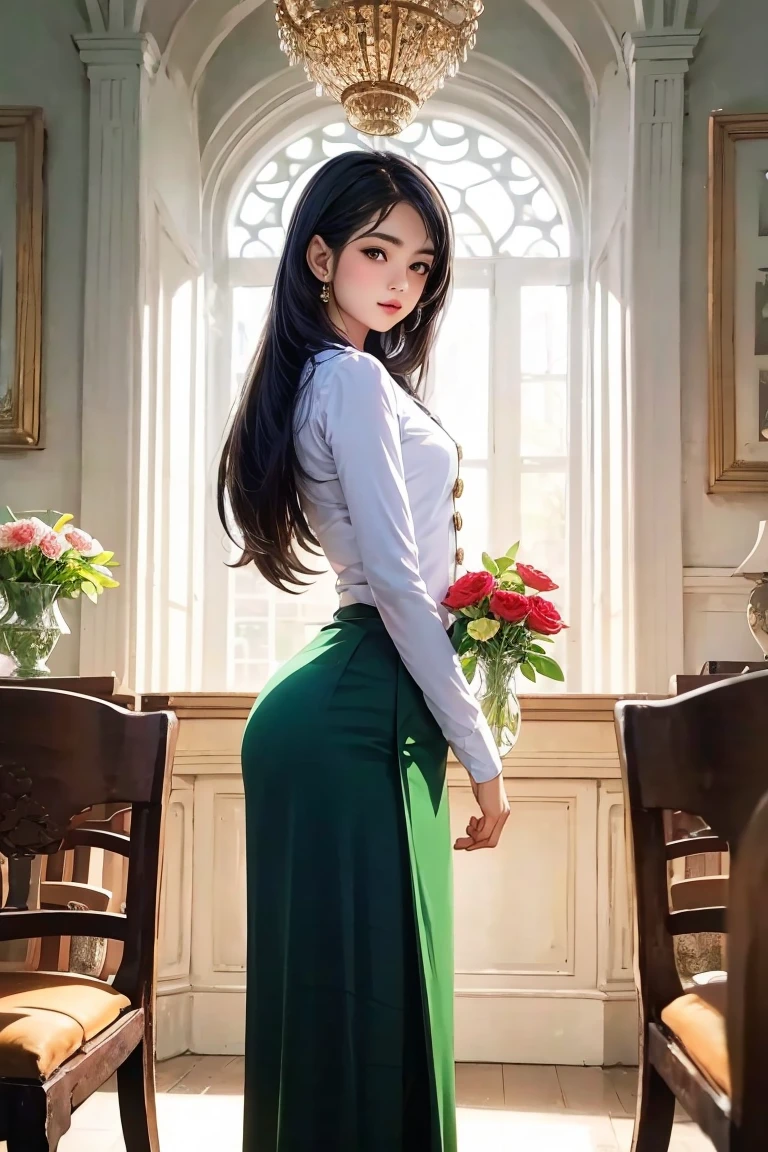 A picture of an elegant woman with beautiful long hair, decorated with a delicate jasmine vase, standing in a standing posture, charming body, high hips,  The image draws the viewer in with the beautiful gazette of the grand library.  expertly crafted;  High-resolution digital painting reveals intricate details and evokes the beauty of emptiness and ingenuity.  The warm light highlights her features and the soft c's on her face, while the soft background adds depth to the composition.  Admirable craftsmanship (acmmsayarma outfi t, acmmsayarma white top with buttons, long sleeve es);  (acmmsayarma green long skirt))