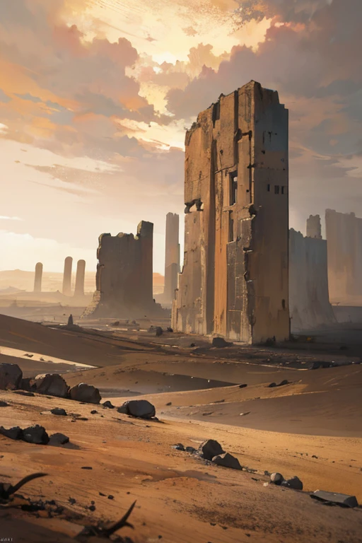 Fantasy, desolate wasteland, barren plains, dry cracked earth, sparse grass, abandoned ruins, sunburned bones, distant mountains, vast skies, sandstorms, eerie silence, harsh sunlight, faded colors Memories, hidden treasures, forgotten civilizations, apocalyptic, desolation, loneliness, melancholy, muted colors, soft golden light, huge ancient ruins,