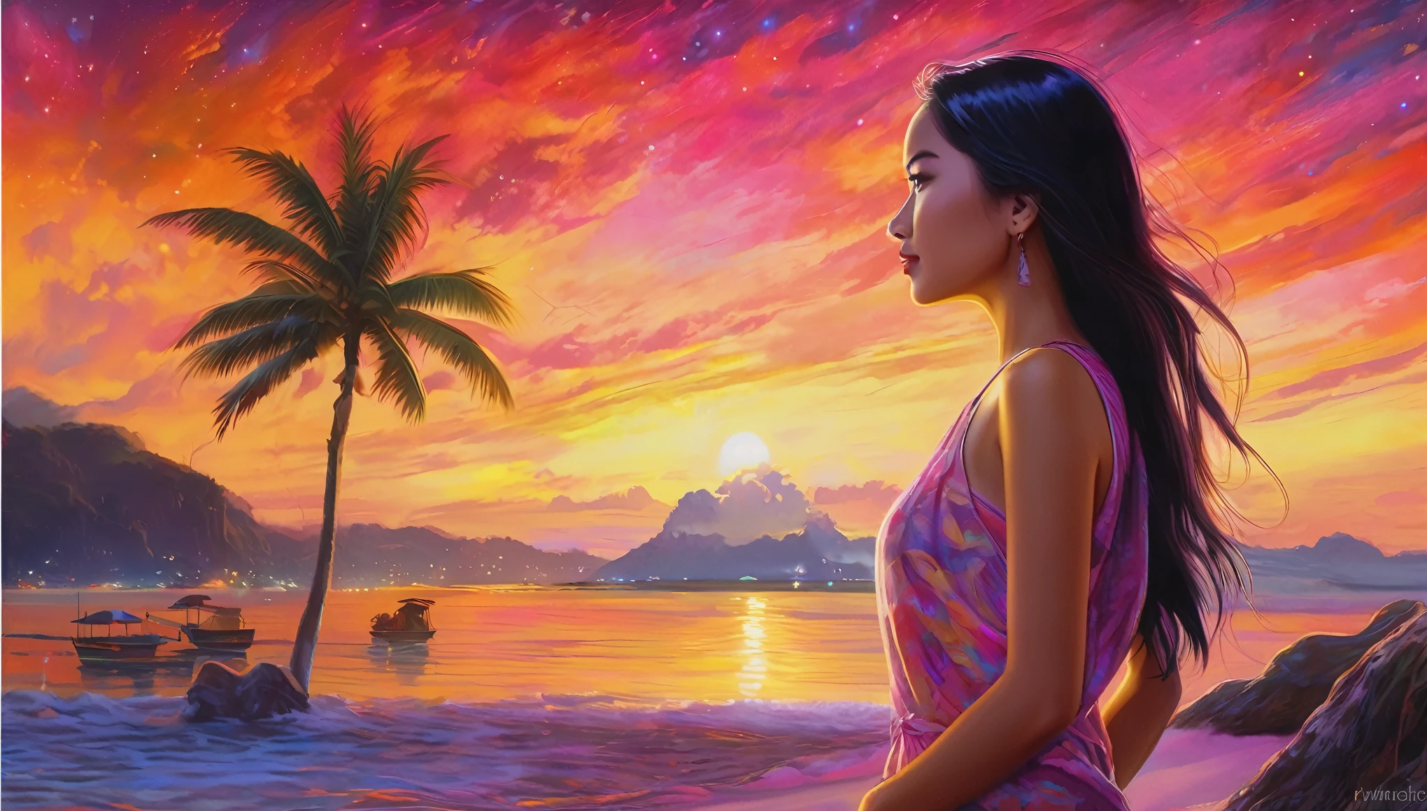 (A stunning nubile Malaysian woman, blessed proportions, seductive, dressed appropriate to the scene) nubile, strolling and very friendly with the locals (selfies, hugs, etc.), friendly fluorescent tentacle aliens locals, neon-lit beach, starry otherworldly sky, oil painting, best quality, ultra-detailed, photorealistic, vivid colors, portraits, warm and vibrant color palette, soft and diffused lighting.