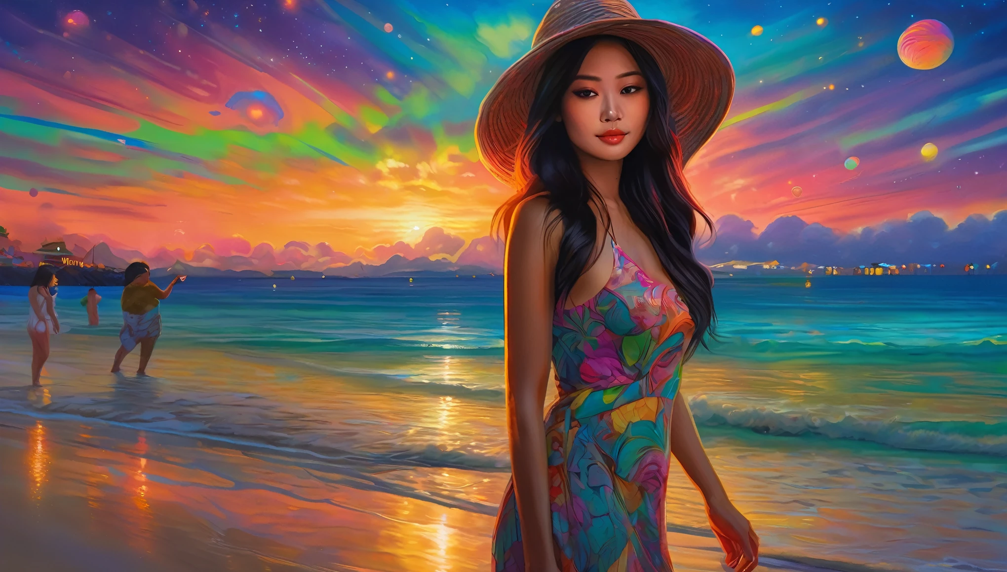 (A stunning nubile Malaysian woman, blessed proportions, seductive, dressed appropriate to the scene) nubile, strolling and very friendly with the locals (selfies, hugs, etc.), friendly fluorescent tentacle aliens locals, neon-lit beach, starry otherworldly sky, oil painting, best quality, ultra-detailed, photorealistic, vivid colors, portraits, warm and vibrant color palette, soft and diffused lighting.