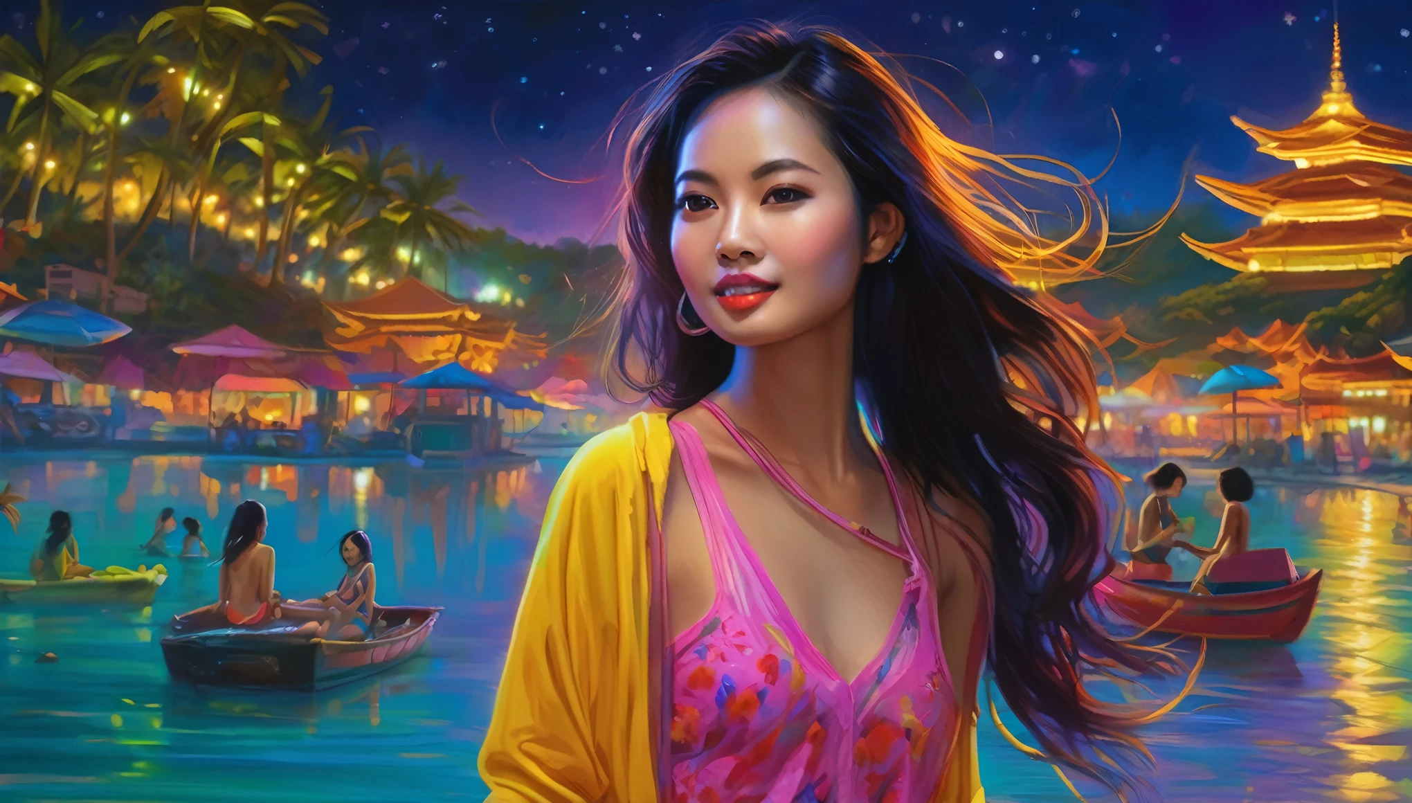 (A stunning nubile Malaysian woman, blessed proportions, seductive, dressed appropriate to the scene) nubile, strolling and very friendly with the locals (selfies, hugs, etc.), friendly fluorescent tentacle aliens locals, neon-lit beach, starry otherworldly sky, oil painting, best quality, ultra-detailed, photorealistic, vivid colors, portraits, warm and vibrant color palette, soft and diffused lighting.