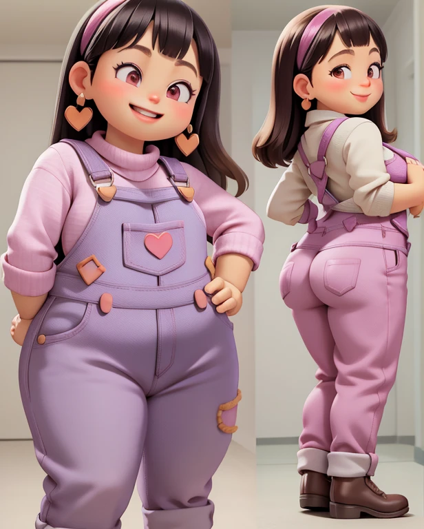 sexy, chubby, pink overalls, nude top, small breasts, black hair, full length, smiling, shy, ass, back view, hands on ass