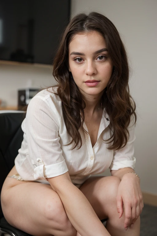 Close up picture of white woman perfect face, with long curly brown hair, at office in tight blouse, wearing heels, sitting, looking to the side