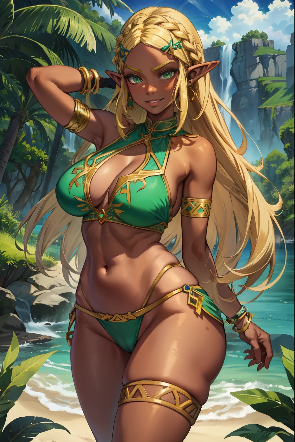 aazelda, long hair, pointy ears, dark skin, Green eyes, Long Black hair (braids), barefoot, (extremely detailed CG unity 4k wallpaper),(masterpiece),(best quality),(ultra-detailed),(best illustration),(best shadow),(absurdres),(detailed background), Tropical island, tribal girl, smirk, Wide hips, Thick thighs, big ass, Big breasts, Gold bangles,