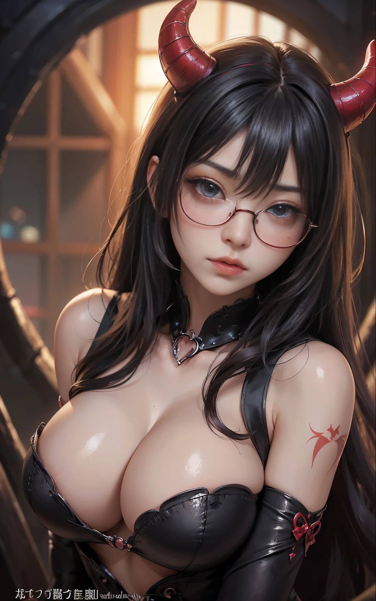 Understoodですかですか、(Best illustrations)、8K UHD resolution、intricate details、highest quality、Realistic、Super detailed、Best lighting、Best Shadow、Soft lighting、Ultra HD、超Realistic、Tyndall effect、Realistic、(high detail skin:1.2)、 (intricate details, Compensate, Face to face with the children_v1:0.5), (Understood, Beautiful and delicate face, Understoodですか, Beautiful and delicate eyes, perfectly balanced face, High Resolution Skins, Fine skin, Optimal ratio of four fingers to one thumb, Place your arms under your chest, Red tattoo on lower abdomen、oh!, Wide Hips, Smooth abdomen, Thin, pale skin, __fashion__, __hair__:1.25)、Digital single-lens reflex camera、 Absurd、(Tabletop: 1.3), (Maximum resolution: 1.2), (Ultra HDTV: 1.2), Cinematic Light, Beautiful Eyes and skin, detailed facial features, , (Sharp focus: 1.2）, (Focus on the face:1.2),Perfect Style, Beautiful Face, Acura, Anatomically correct, Highly detailed face and skin texture, Beautiful Eyes, double eyelid, Thin eyebrows, Glitter Eyeliner: 1 natural cheeks, Glowing Skin, Fair skin: 1.2, (Glossy Lips: 1.4),(Embarrassed look: 1.2),Highly detailed face and skin texture, Beautiful Eyes, double eyelid, natural cheeks,  Glossy Lips: 1.4,Exposed cleavage、charm的な。charm、 Beautiful devil woman from hell, デヴィッド・ホックニーとアルフォンス・ミュシャによる超Realistic女性の肖像画, charm女性の肖像画、Fantasy art, Chinese humanoid robot、Chinese actress、Dungeons、Dragon、devil&#39;Palace of、devil&#39;torture chamber、night、Dark Style 、In the Dark、(detailed spooky background:0.8), magic、 1 girl、Evil Nun、Dark Necromancer、Succubus、devil&#39;Daughter of、Shinonome Umi、Bat Wings，(((devil&#39;Horn)))、 ((((Huge glasses, Nerd Glasses, Thick glasses, Round Glasses)))),(((Big Breasts)))、(devil&#39;tail)、(Red eyesは光り輝いて:1.6)、Red eyesは非常に鮮明で詳細です, Your eyes are so beautifully made, ((Red eyes:1.0)),Intricate tattoos, demonic Intricate tattoos, Thigh Tattoo, Body tattoos, masterpiece、最もBeautiful Face、Baby Face、Cute Smile、Beautiful plump red lips、筋肉のcharm体、devilのcharm体、devil style、charmブラックマジックコスチューム、The long-haired、Braiding、Black hair、Ponytail distortion、, Ponytail with a bow tied at the back of the hair, Beautiful expression、Body Up、Big Breasts強調、bust,  Super tight chest, Breast Augmentation Surgery, My breasts are very big and round,Tight waist、Wide ass、 secret key, Cowboy Lens, (Black Phoenix Dress: 1.0),  devil crown,  Red Gemstone Necklace、Jewelry G Wise,  Please wear black mesh socks,Wearing pale red、Hmph, Hmph, Meeting beautiful girls, See the girls&#39;Main unit,